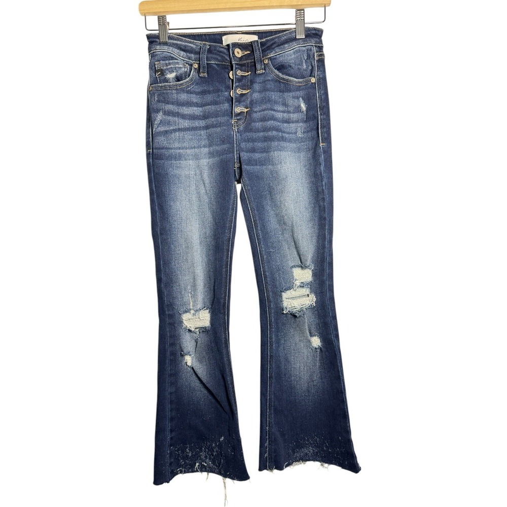 Womens Kancan Estilo Jeans Stretch‎ Flare Distressed Raw Hem Button Fly  3 / 25